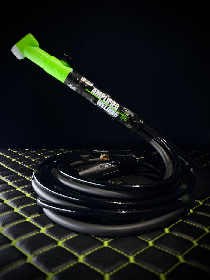 365 Amp Black Panther Limited Edition TIG rig on black quilted leather